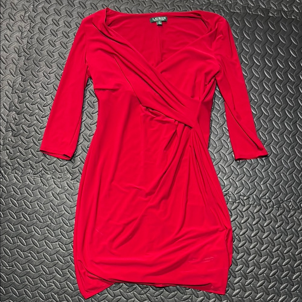 Ralph Lauren Red Bodycon Dress V-Neck 3/4 Sleeve